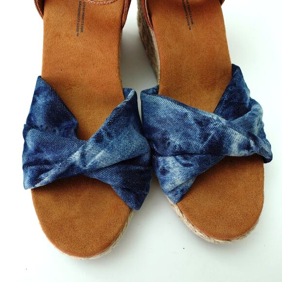 Toms Tan Blue Tie Dye Wedge Heel Espadrille Ankle Strap Open Toe Sandals Size 9 - Picture 2 of 7